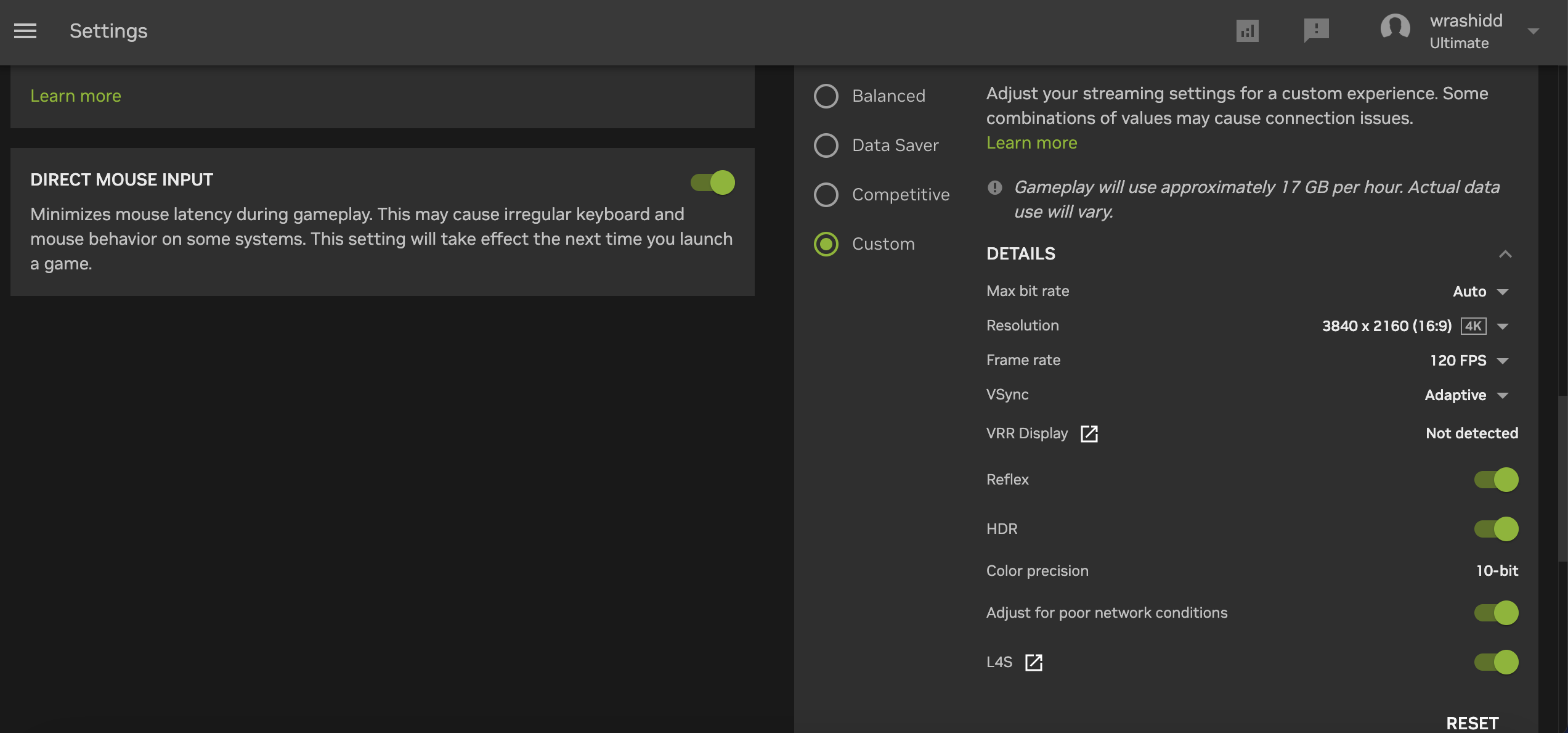 GeForce Now settings